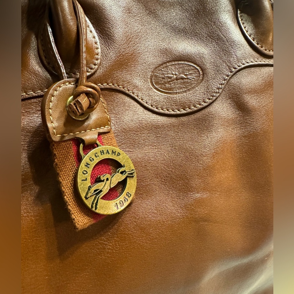 Longchamp Brown Leather Travel Bag with Red Strap - Picture 6 of 12